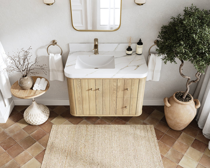 Houston White Oak 36 in. W x 22 in. D Floating Left Offset Sink Bathroom Vanity with Curved Edge Design - photo 11