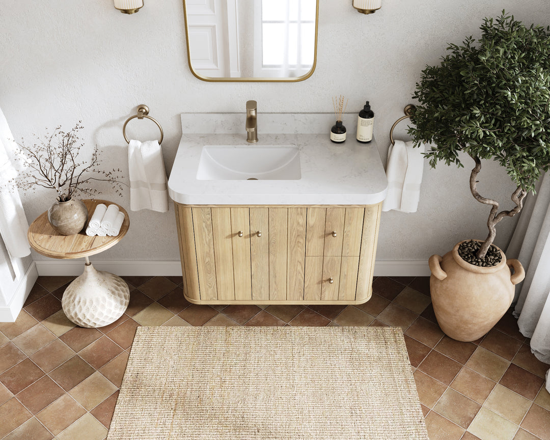 Houston White Oak 36 in. W x 22 in. D Floating Left Offset Sink Bathroom Vanity with Curved Edge Design