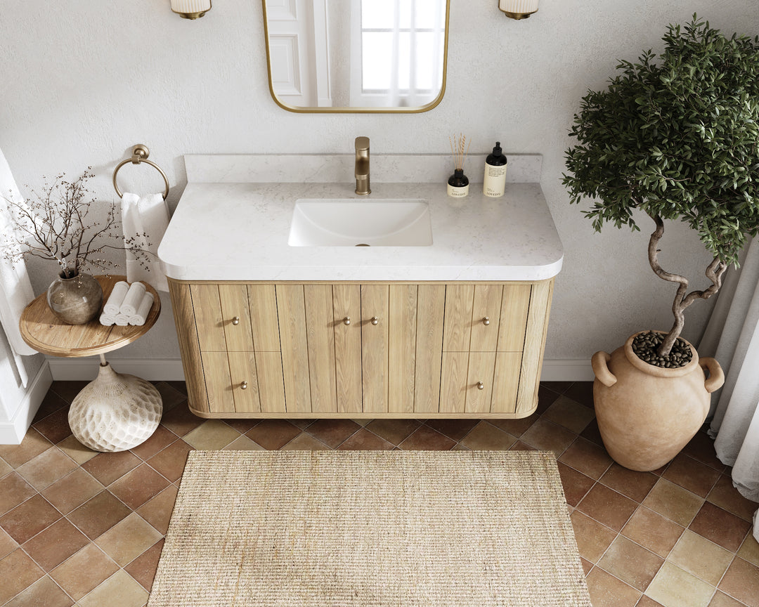 Houston White Oak 48 in. W x 22 in. D Floating Single Sink Bathroom Vanity with Curved Edge Design