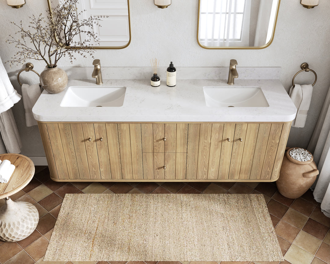 Houston White Oak 72 in. W x 22 in. D Floating Double Sink Bathroom Vanity with Curved Edge Design