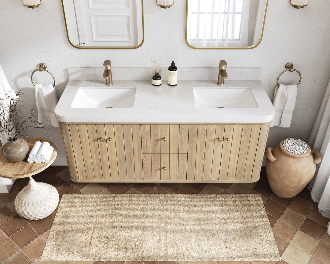 Houston White Oak 60 in. W x 22 in. D Floating Double Sink Bathroom Vanity with Curved Edge Design