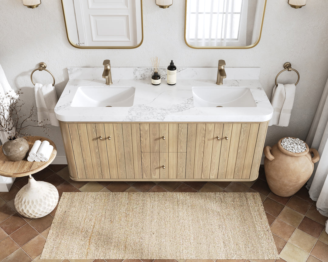Houston White Oak 60 in. W x 22 in. D Floating Double Sink Bathroom Vanity with Curved Edge Design