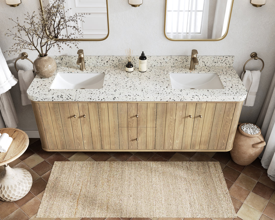 Houston White Oak 72 in. W x 22 in. D Floating Double Sink Bathroom Vanity with Curved Edge Design