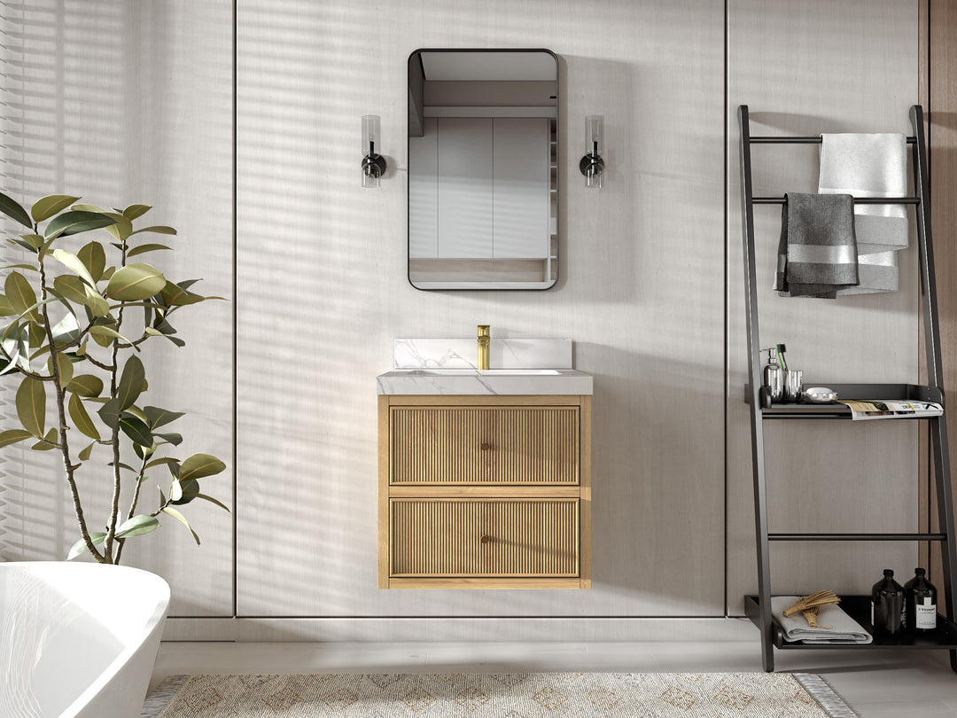 Sonoma Floating Teak 24 in. W x 22 in. D Single Sink Bathroom Vanity in Light Natural with countertop - Front View