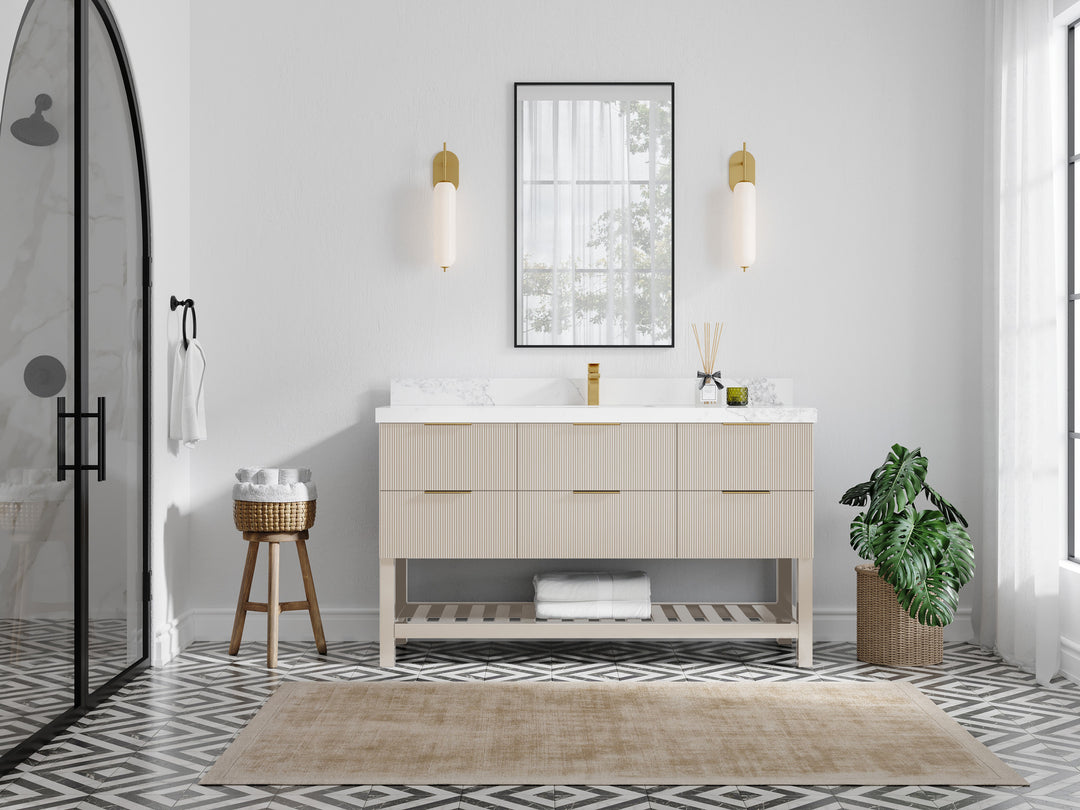 Catalina 60 in. W x 22 in. D Single Sink Bathroom Vanity in Fine Grain with Countertop - Full View