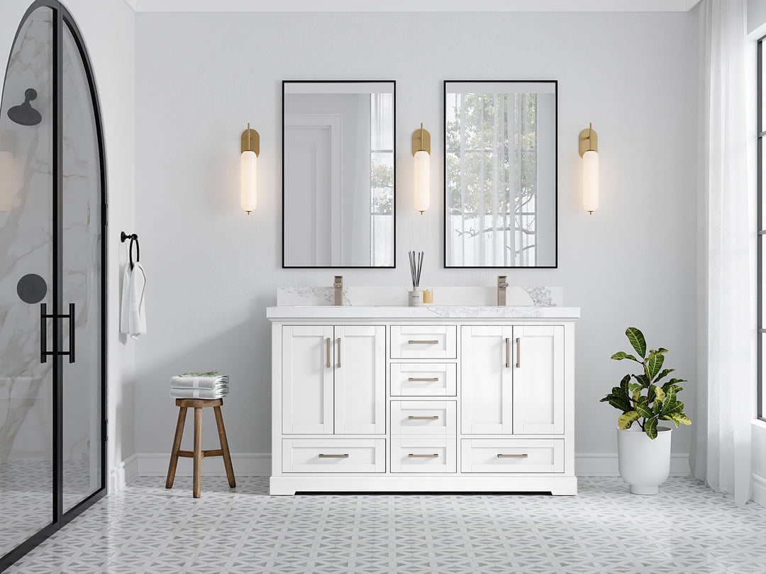 Boston 60 in. W x 22 in. D Double Sink Bathroom Vanity in White with Countertop - Full View