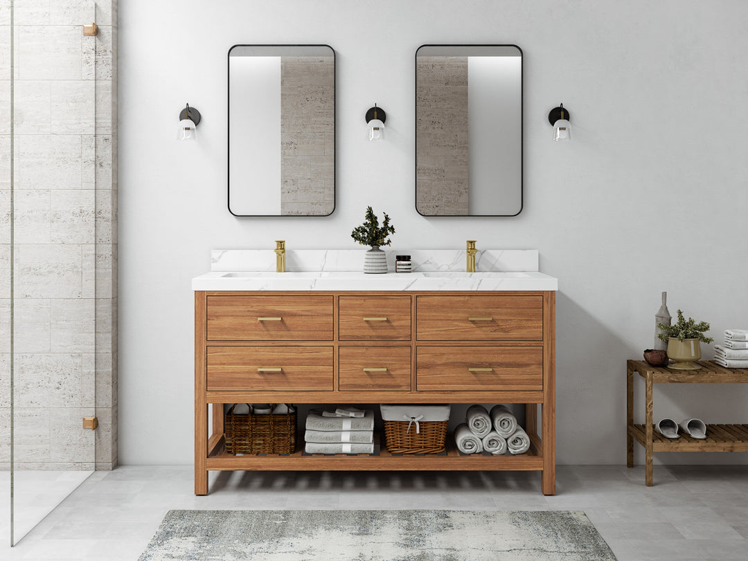 Parker Teak 60 in. W x 22 in. D Double Sink Bathroom Vanity in Golden with Countertop - Full View
