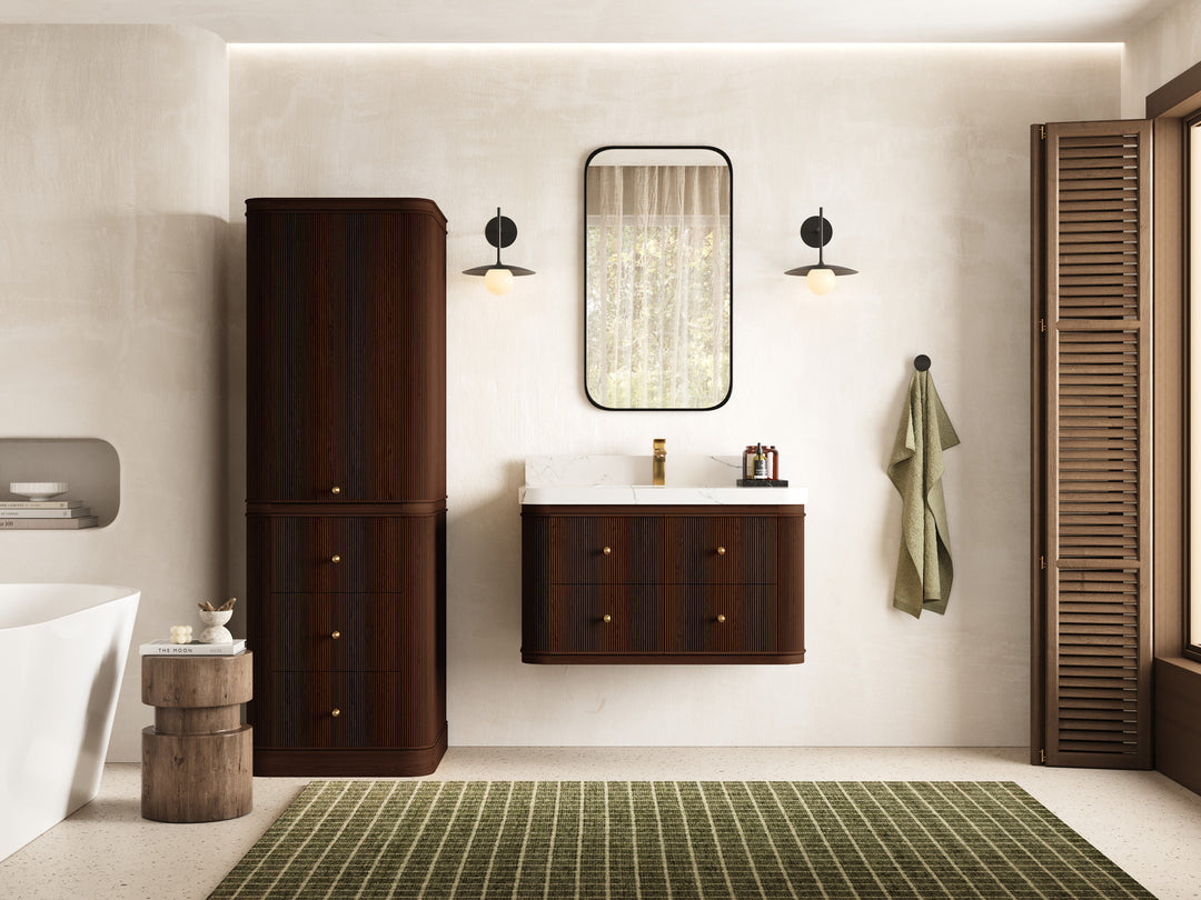 Hampton Floating Teak 36 in. W x 22 in. D Single Sink Bathroom Vanity with Countertop - Full View