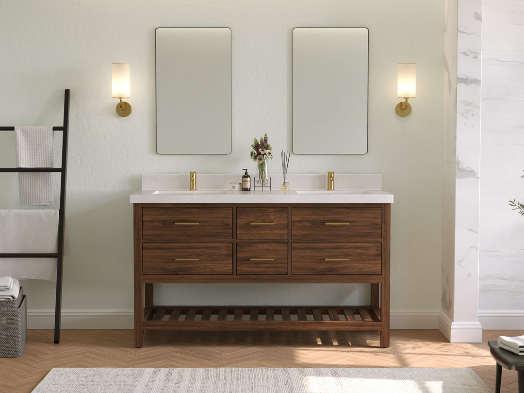 Parker Teak 60 in. W x 22 in. D Double Sink Bathroom Vanity in Dark Walnut with Countertop - Full View