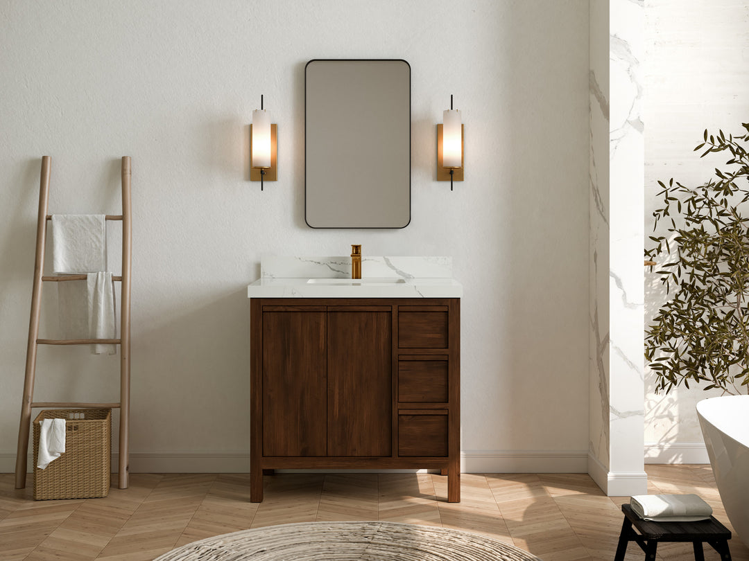 Elizabeth Teak 36 Left Offset in. W x 22 in. D Center Sink Bathroom Vanity in Dark Walnut with Countertop - Full View