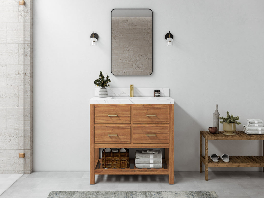 Parker Teak  36 in. W x 22 in. D Center Sink Bathroom Vanity in Golden  with Countertop - Full View