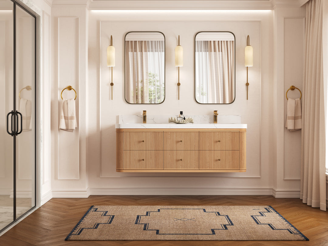 Hampton Floating White Oak 60 in. W x 22 in. D Double Sink Bathroom Vanity with Countertop - Full View