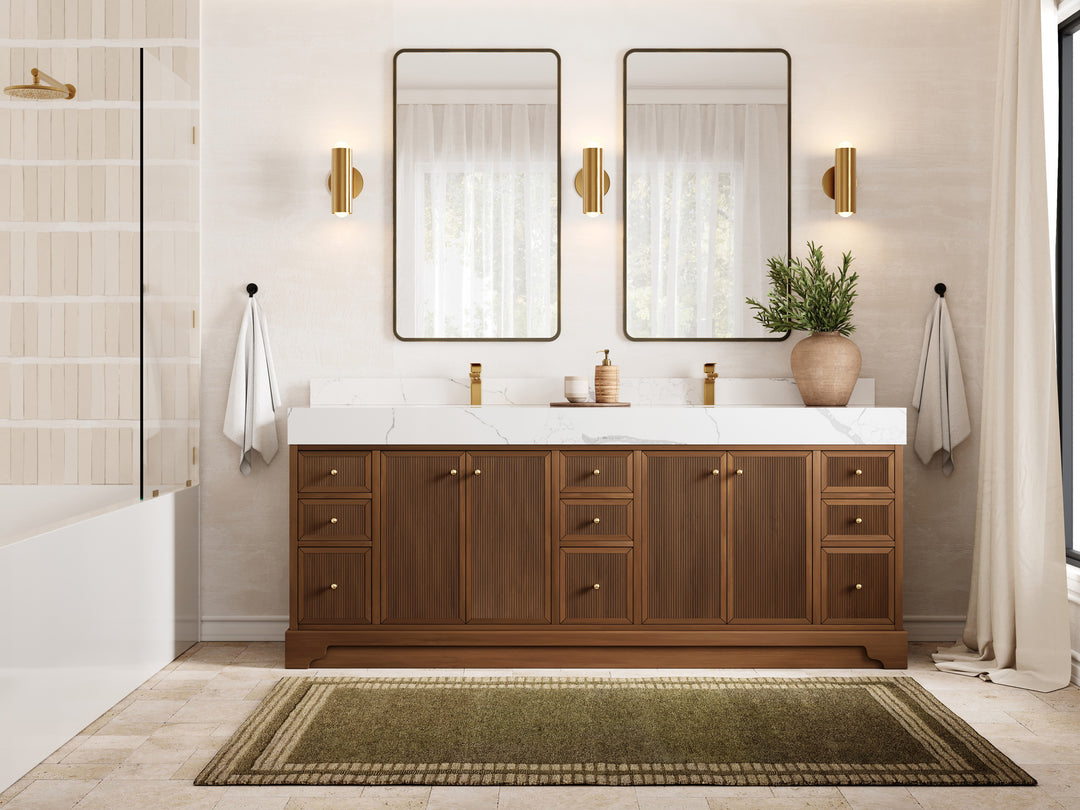 Manhattan Teak 84 in W x 22 in D Free Standing Reeded Double Sink Bathroom Vanity