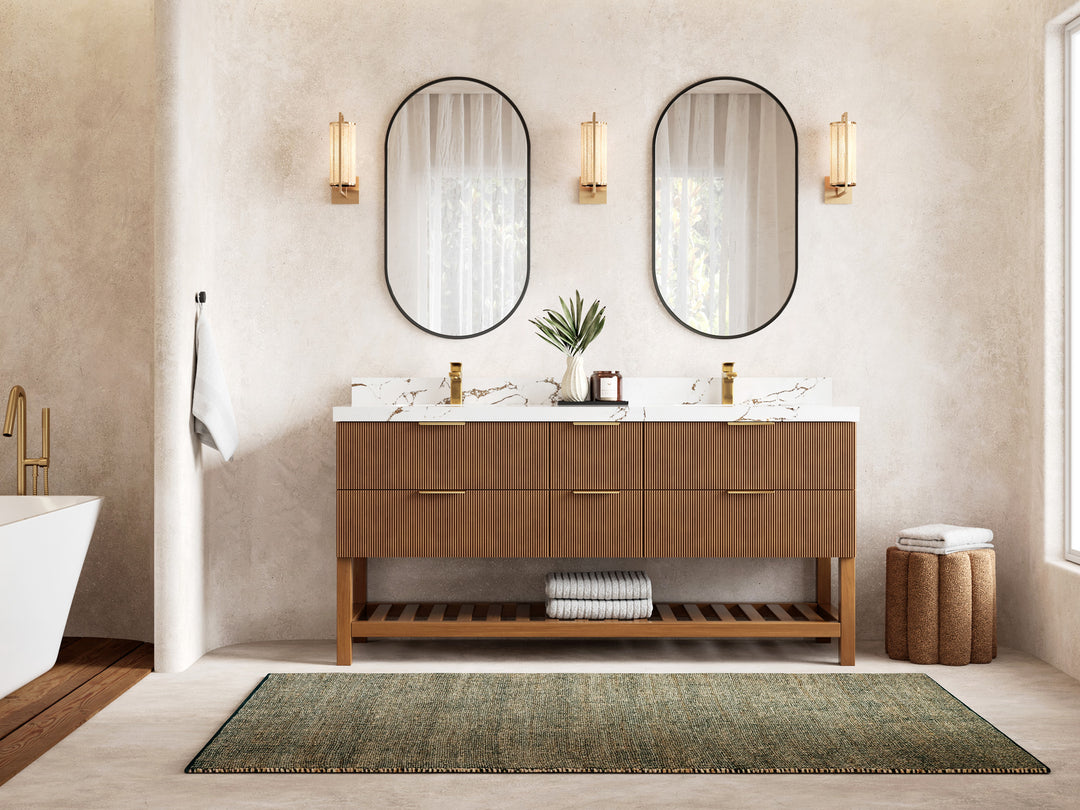Catalina Teak 72 in W x 22 in D Free Standing Reeded Double Sink Bathroom Vanity