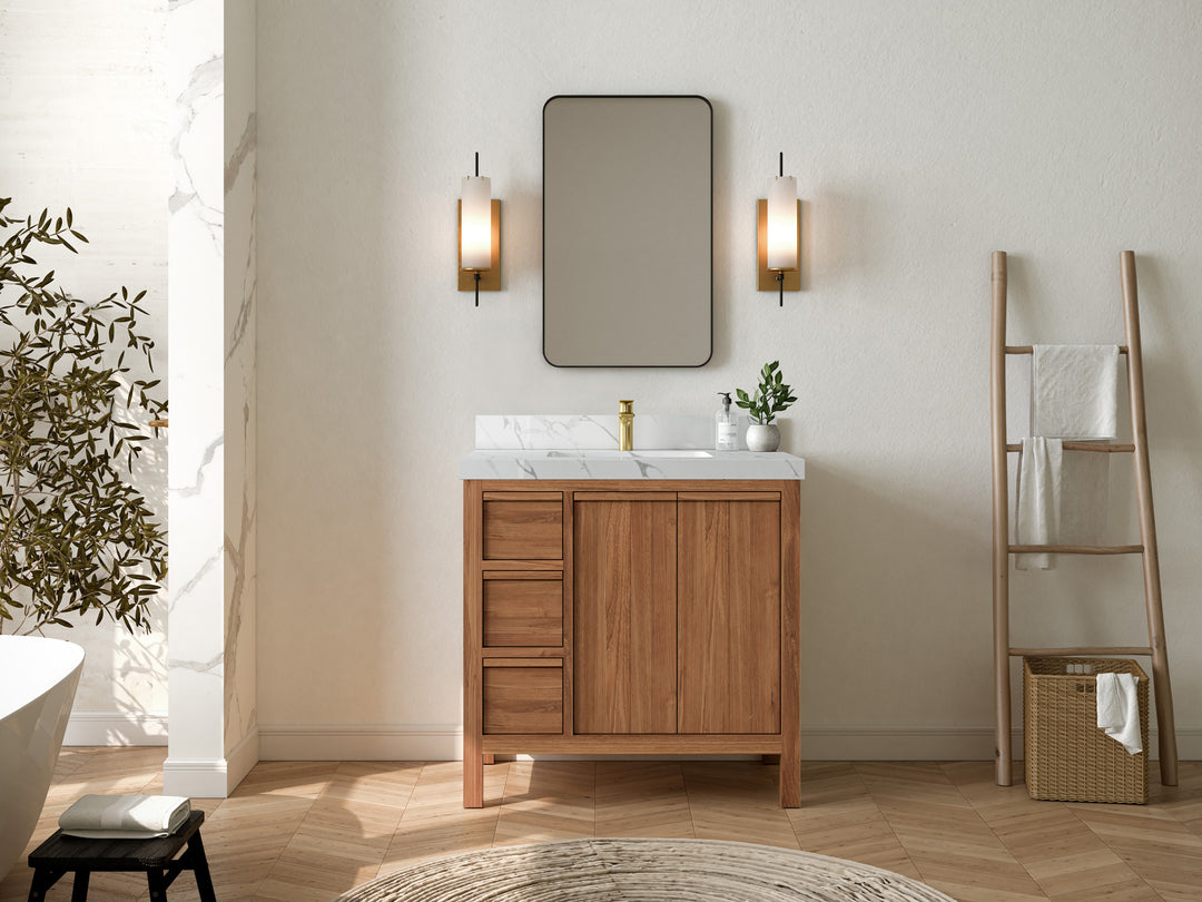 Elizabeth Teak 36 Right Offset in. W x 22 in. D Center Sink Bathroom Vanity in Dark Natural with Countertop - Full View