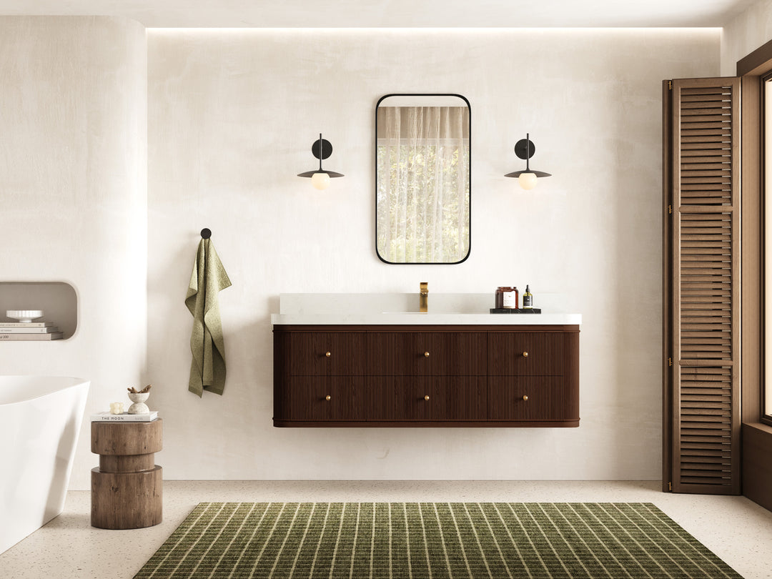 Hampton Floating Teak 60 in. W x 22 in. D Single Sink Bathroom Vanity with Countertop - Full View