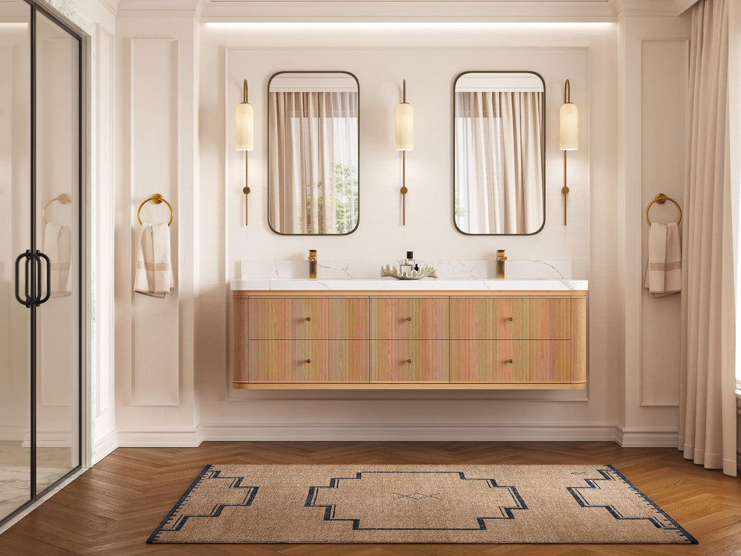 Hampton Floating White Oak 72 in. W x 22 in. D Double Sink Bathroom Vanity with Countertop - Full View
