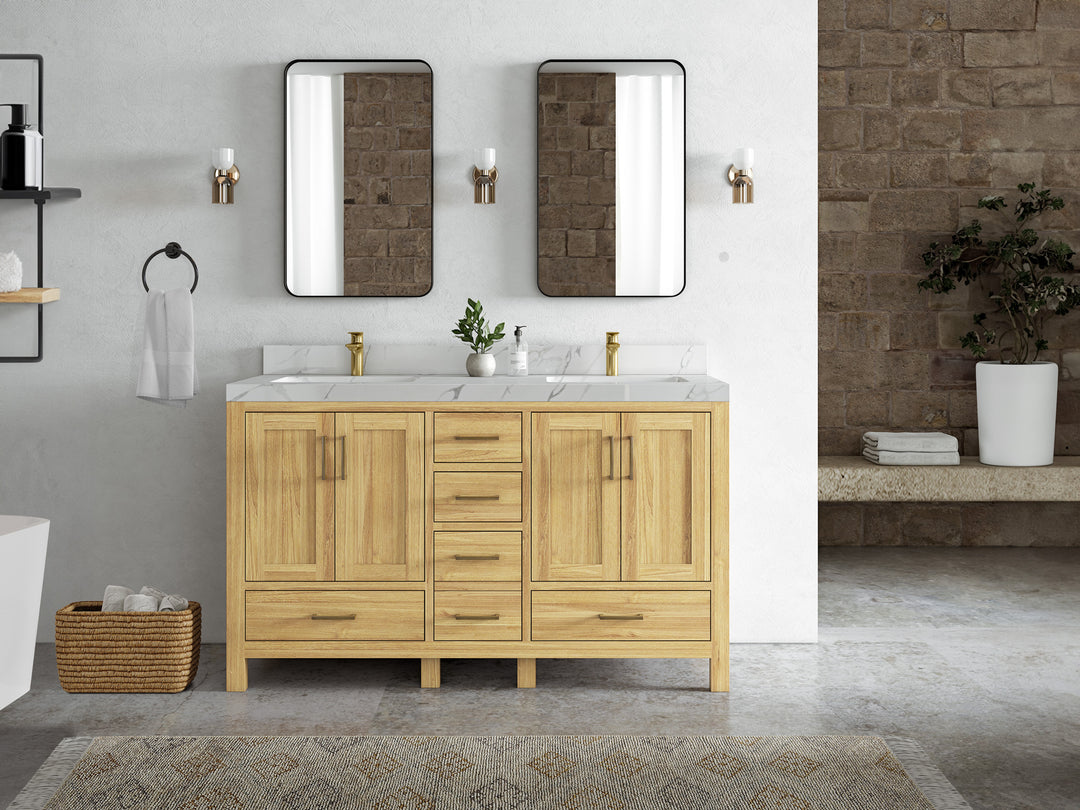 Malibu Teak Wood 60 in. W x 22 in. D Double Sink Bathroom Vanity
