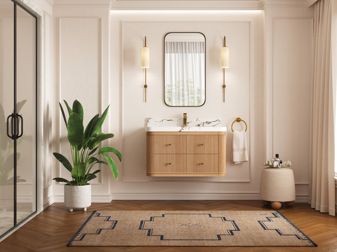 Hampton Floating White Oak 36 in. W x 22 in. D Single Sink Bathroom Vanity with Countertop - Full View