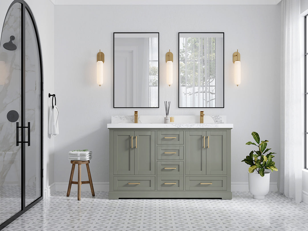 Boston 60 in. W x 22 in. D Double Sink Bathroom Vanity in Evergreen with Countertop - Full View