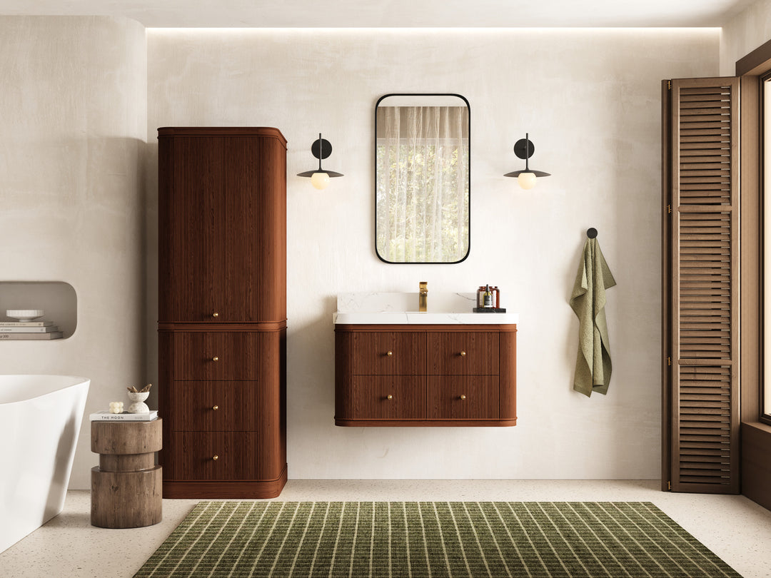 Hampton Floating Teak 36 in. W x 22 in. D Single Sink Bathroom Vanity with Countertop - Full View