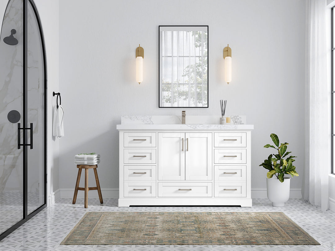 Boston 60 in. W x 22 in. D Single Sink Bathroom Vanity in White with Countertop - Full View