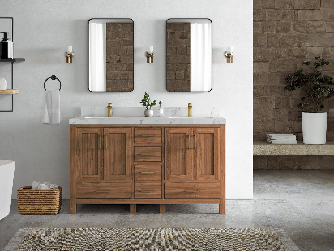 Malibu Teak Wood 60 in. W x 22 in. D Double Sink Bathroom Vanity