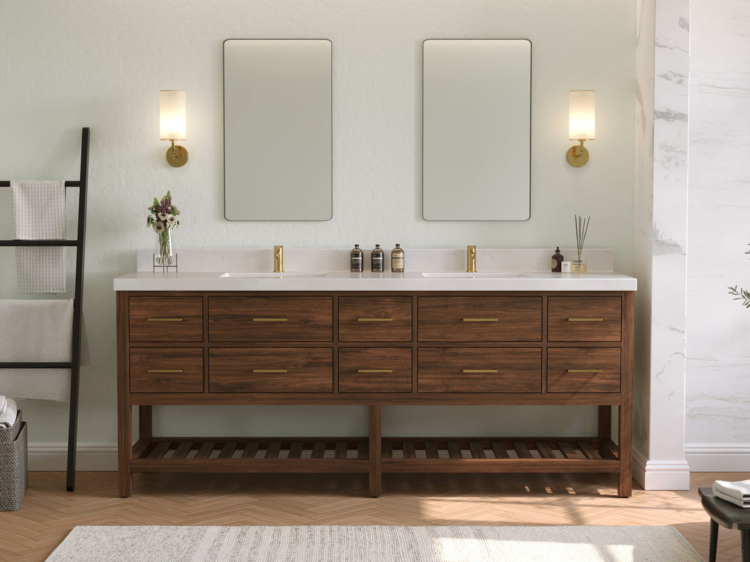 Parker Teak 84 in. W x 22 in. D Double Sink Bathroom Vanity in Dark Walnut with Countertop - Full View