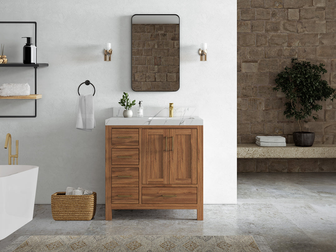 Malibu Teak Wood 36 in. W x 22 in. D Right Offset Sink Bathroom Vanity