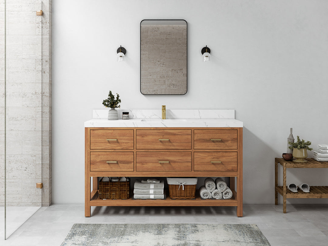 Parker Teak  60 in. W x 22 in. D Single Sink Bathroom Vanity in Golden  with Countertop - Full View