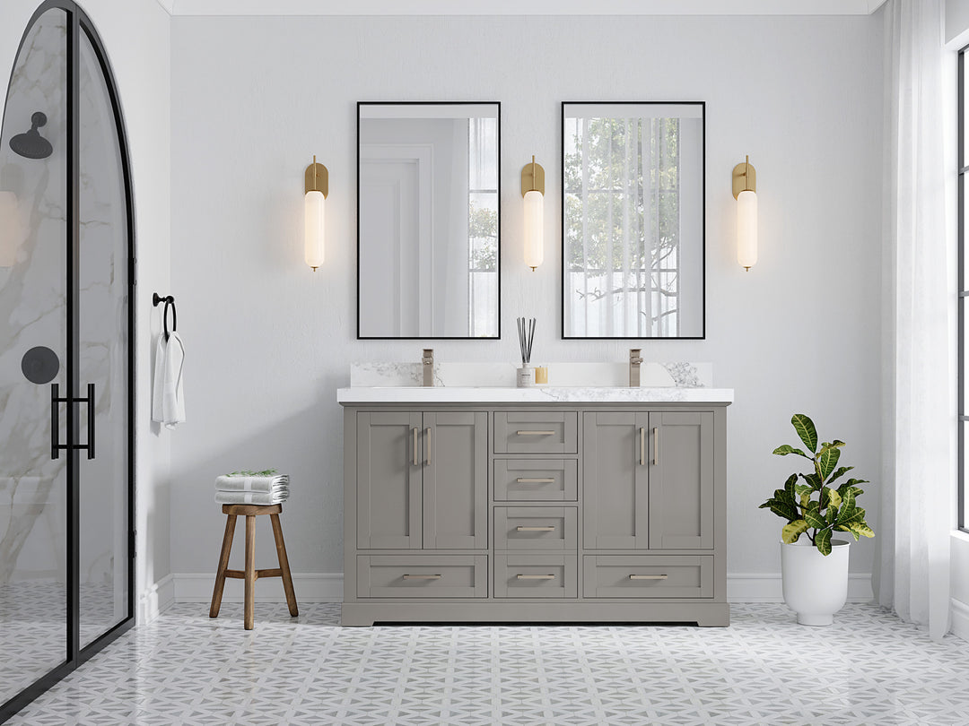 Boston 60 in. W x 22 in. D Double Sink Bathroom Vanity in Elephant Skin Gray with Countertop - Full View