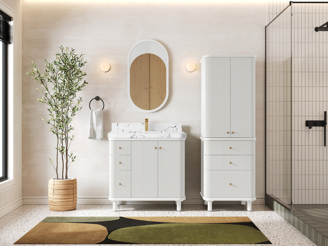 Miami 36 in. W x 22 in. D Center Sink Bathroom Vanity in White with Countertop - Full View