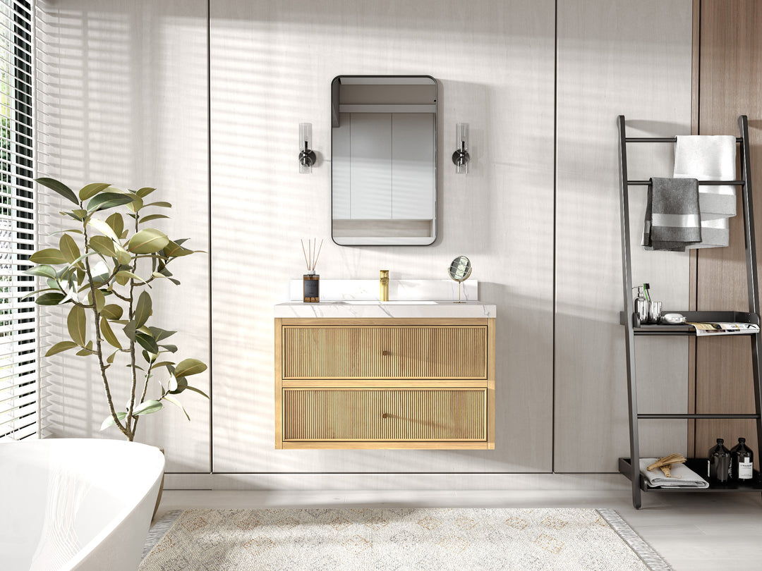 Sonoma Floating Teak 36 in. W x 22 in. D Center Sink Bathroom Vanity in Light Natural with countertop - Front View