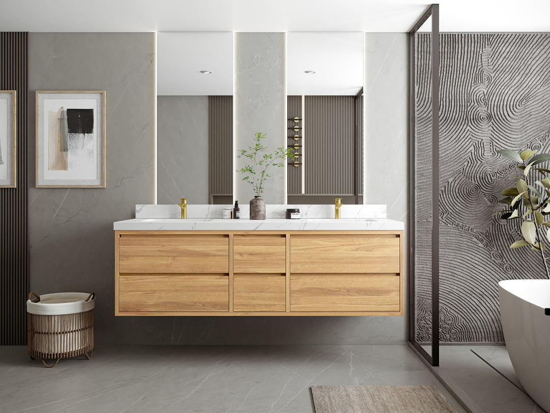 Madison Floating Teak 72 in. W x 22 in. D Double Sink Bathroom Vanity