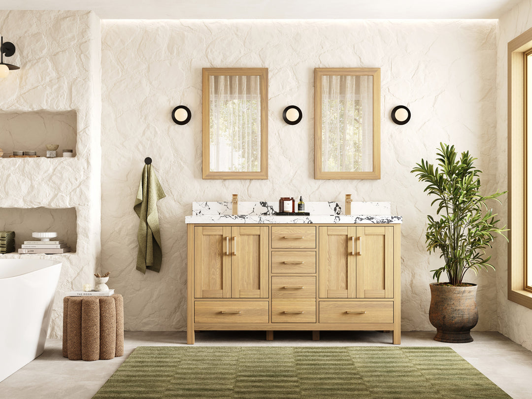 Malibu White Oak 60 in. W x 22 in. D Double Sink Bathroom Vanity