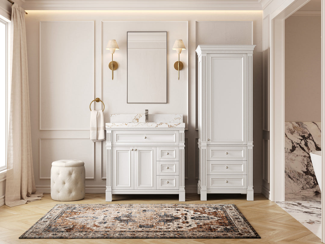 Paris 36 in. W x 22 in. D Center Sink Bathroom Vanity in  White with Countertop - Side view Open drawer 