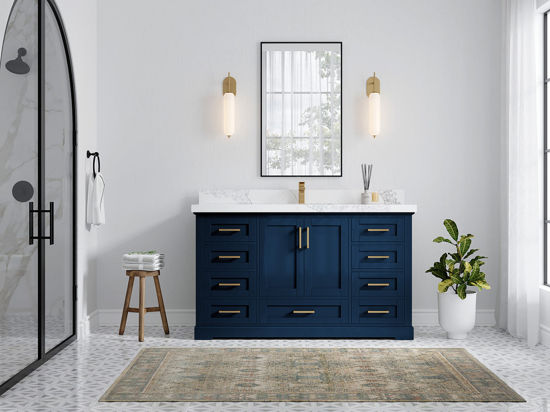 Boston 60 in. W x 22 in. D Single Sink Bathroom Vanity in Navy Blue with Countertop - Full View
