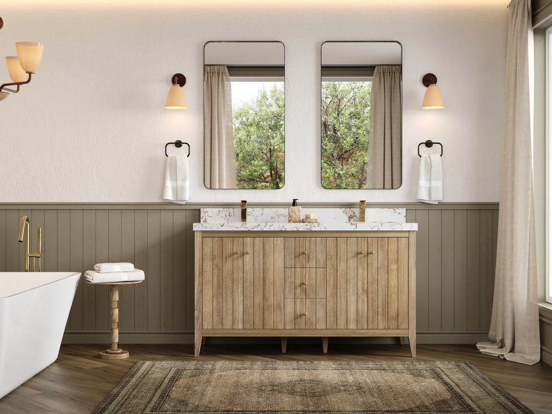 Atlanta Teak Wood 60 in. W x 22 in. D Double Sink Bathroom Vanity