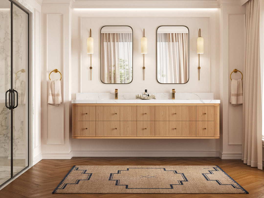 Hampton Floating White Oak 84 in. W x 22 in. D Double Sink Bathroom Vanity with Countertop - Full View