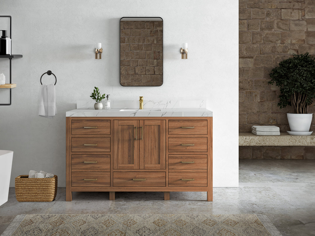 Malibu Teak Wood 60 in. W x 22 in. D Single Sink Bathroom Vanity