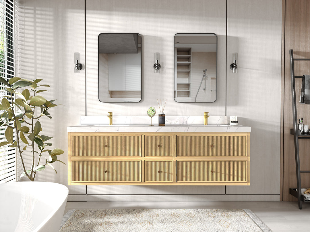 Sonoma Floating Teak 72 in. W x 22 in. D Single Sink Bathroom Vanity in Light Natural with countertop - Front View