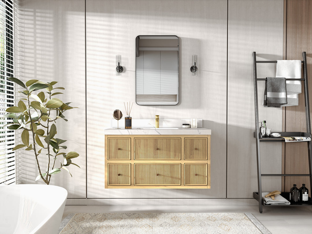 Sonoma Floating Teak 42 in. W x 22 in. D Single Sink Bathroom Vanity in Light Natural with countertop - Front View