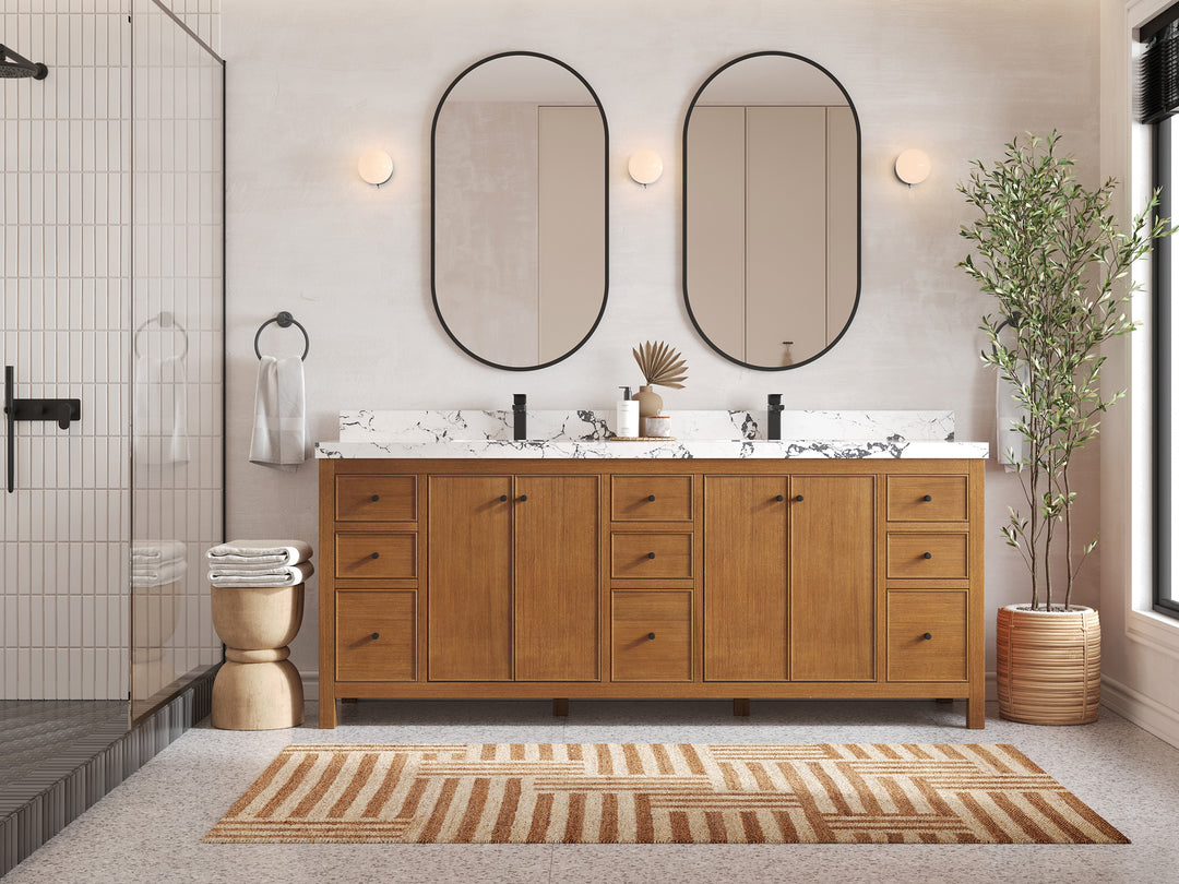 Chicago Veneer Teak 84 in. W x 22 in. D Double Sink Bathroom Vanity