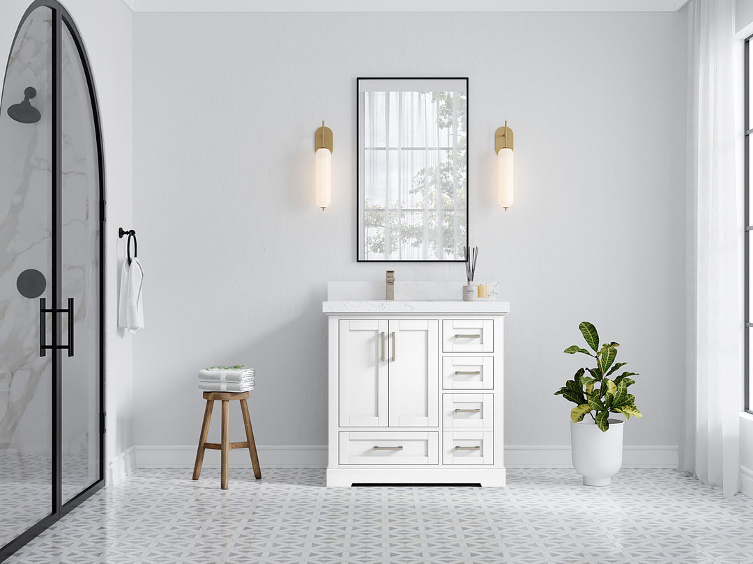 Boston 36 in. W x 22 in. D Single Sink Bathroom Vanity in White with Countertop - Full View