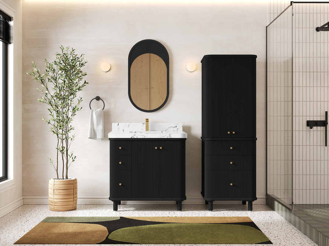 Miami 36 in. W x 22 in. D Center Sink Bathroom Vanity in Black with Countertop - Full View