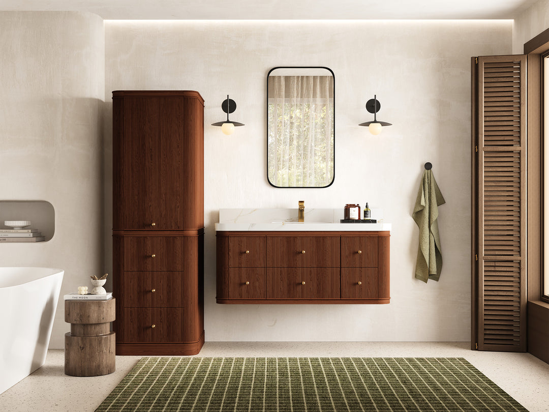 Hampton Floating Teak 48 in. W x 22 in. D Single Sink Bathroom Vanity with Countertop - Full View