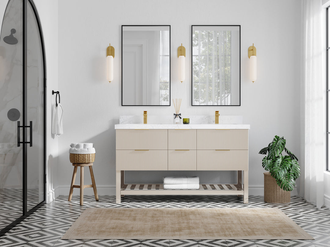 Catalina 60 in. W x 22 in. D Double Sink Bathroom Vanity in Fine Grain with Countertop - Full View