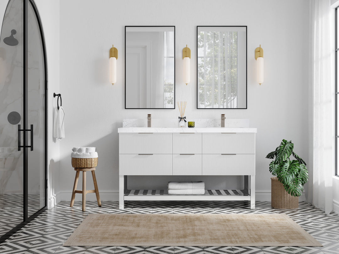 Catalina 60 in. W x 22 in. D Double Sink Bathroom Vanity in White with Countertop - Full View