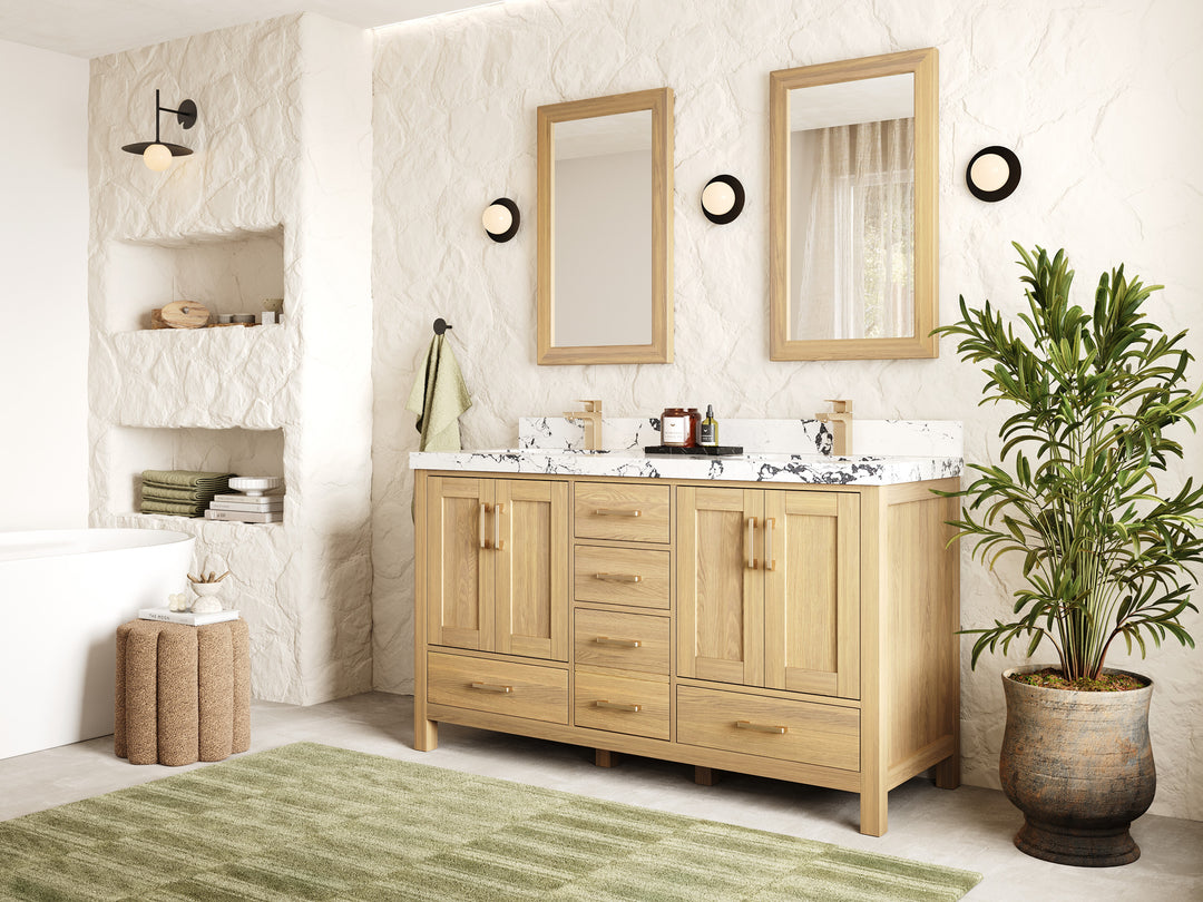 Malibu White Oak 60 in. W x 22 in. D Double Sink Bathroom Vanity