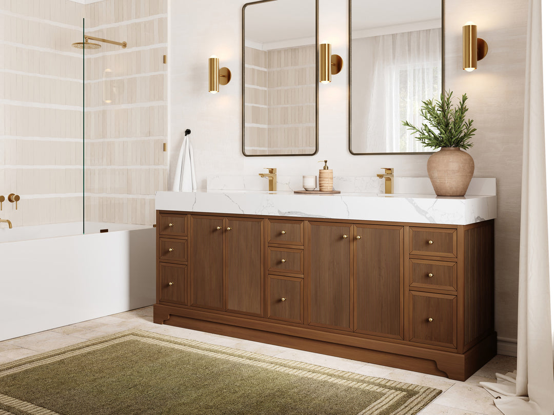 Manhattan Teak 84 in W x 22 in D Free Standing Reeded Double Sink Bathroom Vanity